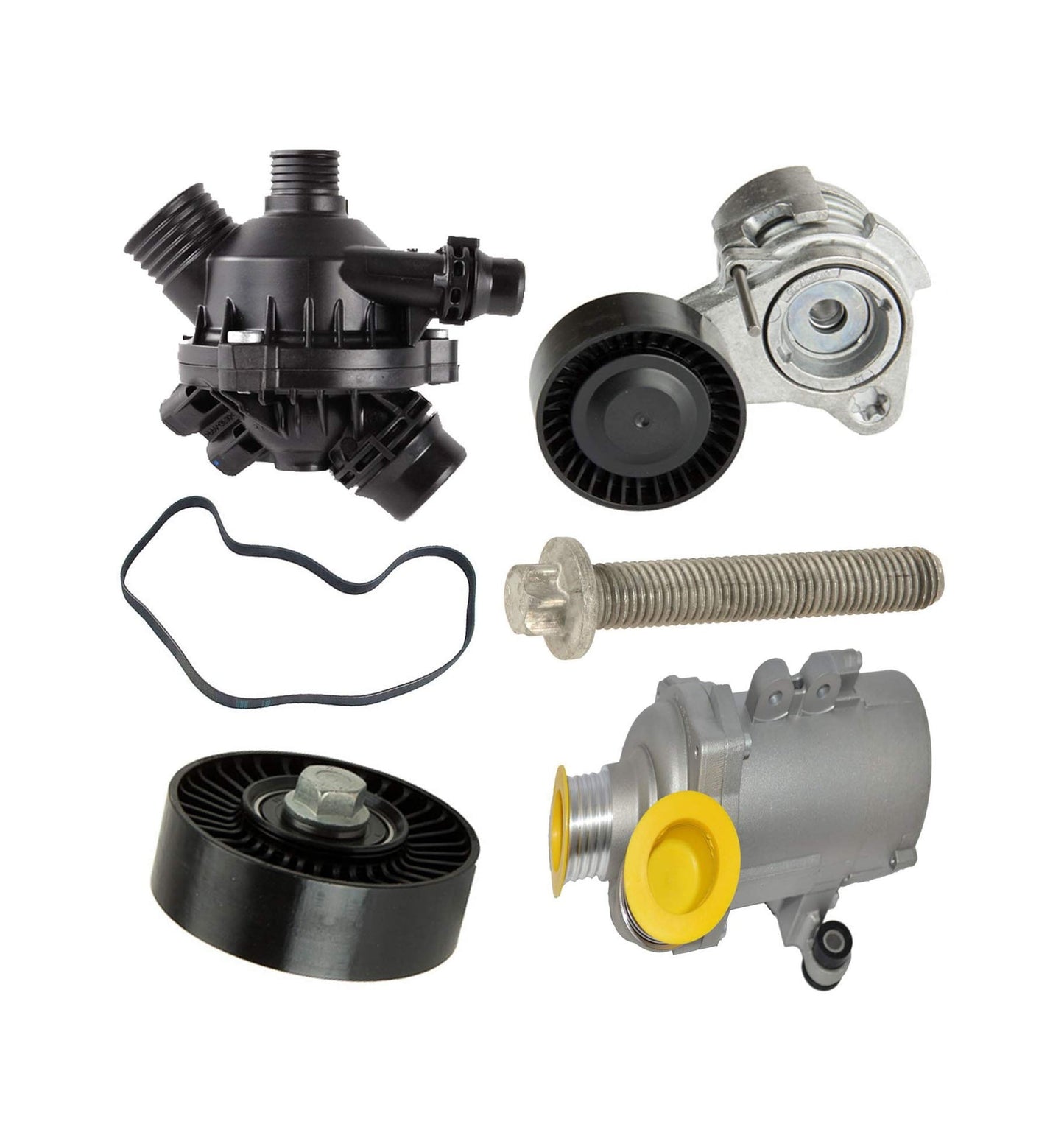 ENGINE THERMOSTAT + ELECTRIC WATER PUMP + TENSIONER + PULLEY BELT SET of 6