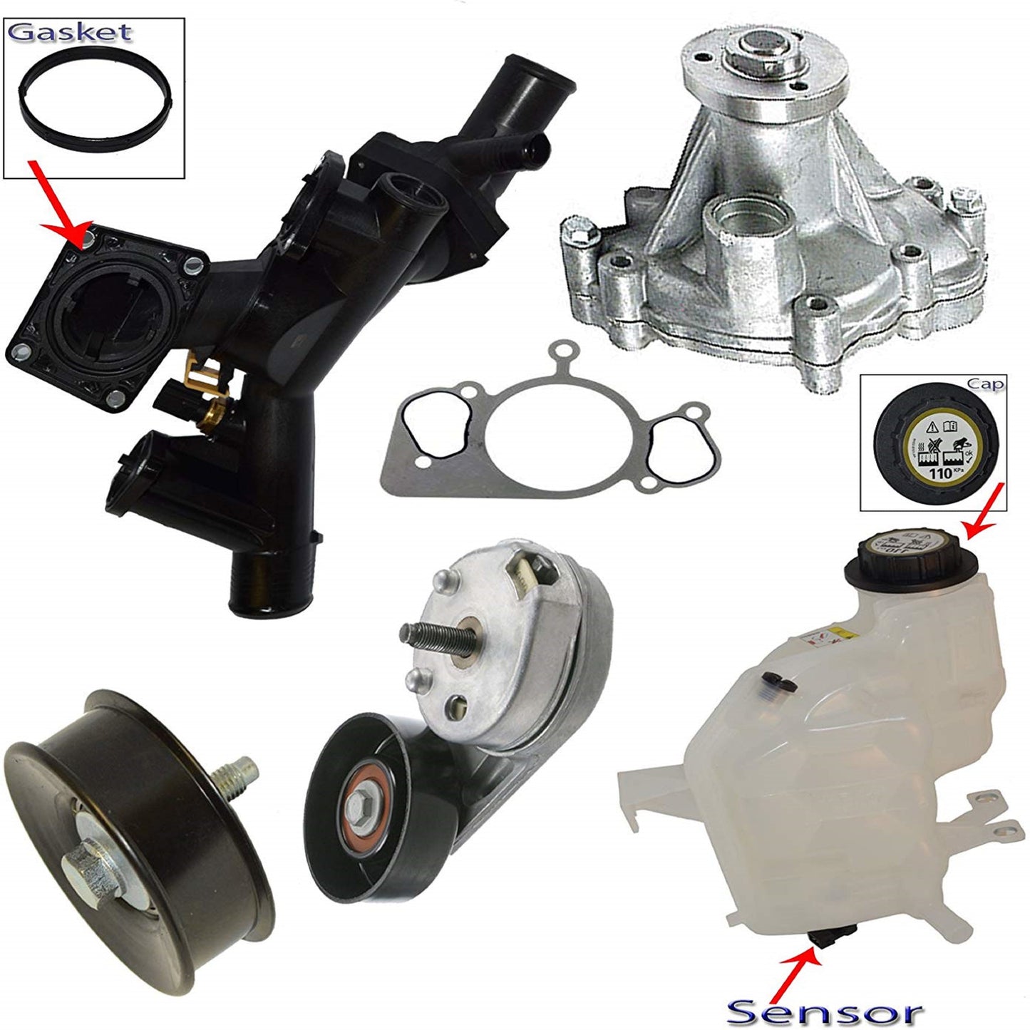 EXPANSION TANK W/CAP, WATER PUMP, IDLER PULLEY TENSIONER + THERMOSTAT