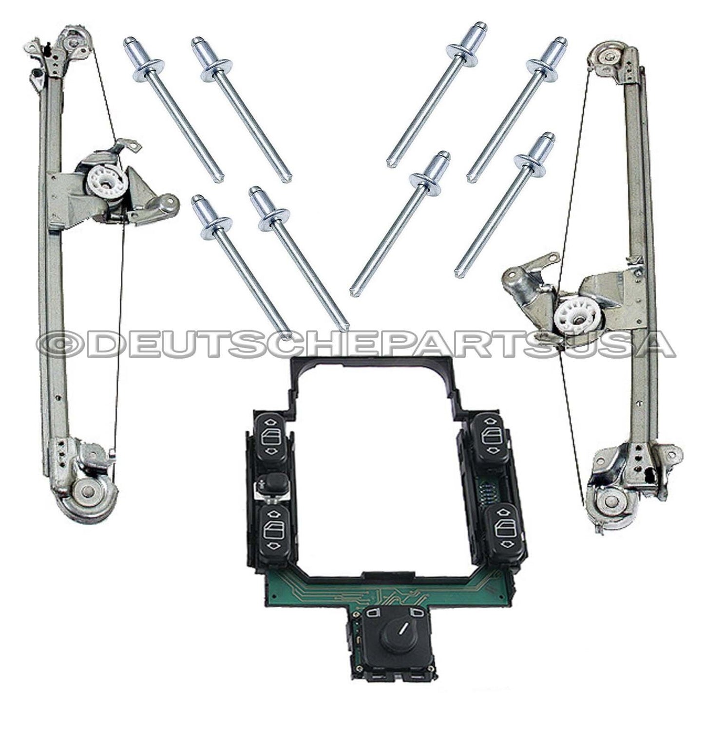MERCEDES W210 REAR WINDOW REGULATORS L+R + 8 PCS RIVET PIN + SWITCH PANEL SET 11