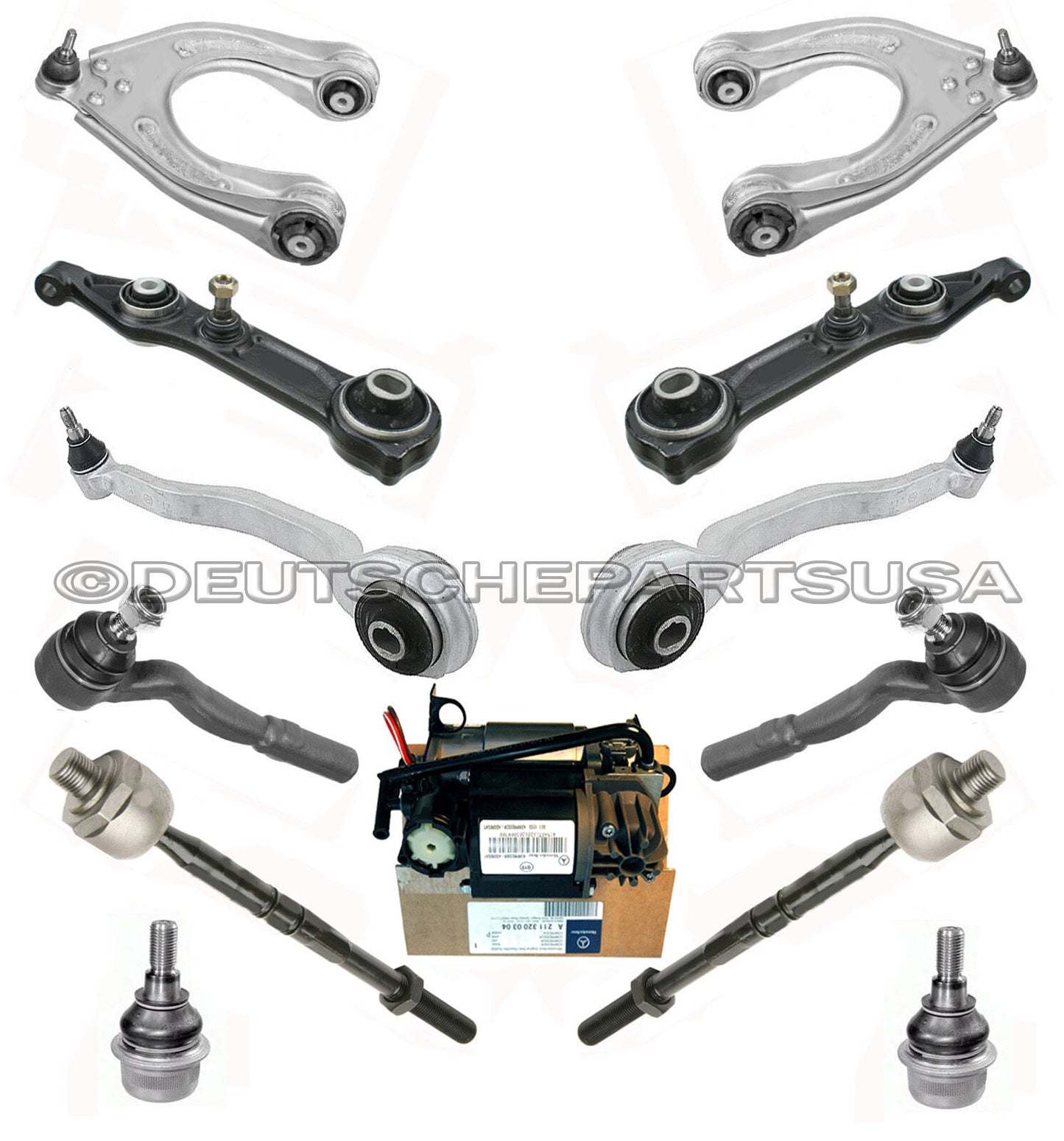 Mercedes W211 OEM SUSPENSION COMPRESSOR + Control Arm Ball Joint Tie Rod Kit