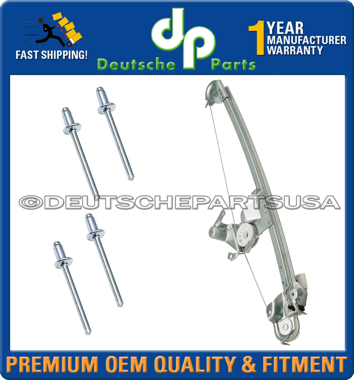 MERCEDES W210 E320 E430 E55 REAR RIGHT WINDOW REGULATOR + 4 PIECE RIVET PIN SET