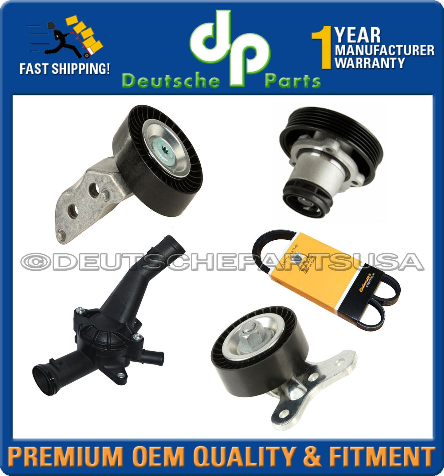VW 2.5 DRIVE BELT IDLER TENSIONER PULLEY Water Pump Thermostat Cooling Kit Set 5