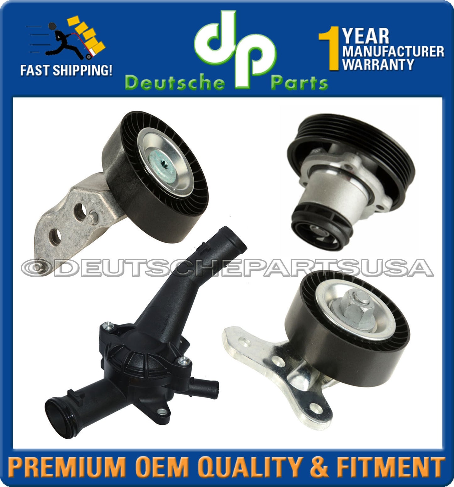 VW 2.5 DRIVE BELT IDLER TENSIONER PULLEY Water Pump Thermostat Cooling Kit Set 5
