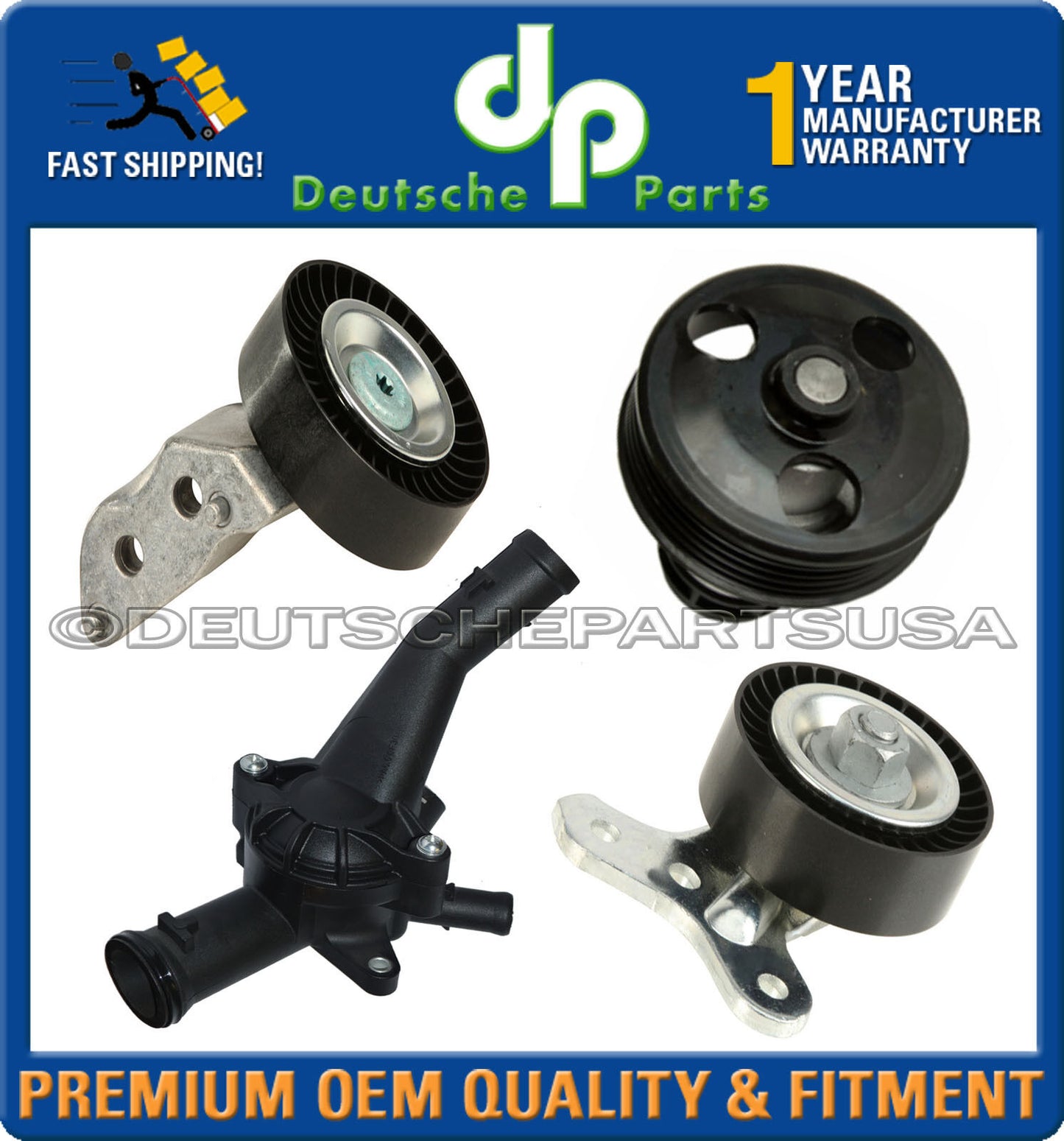VW 2.5 DRIVE BELT IDLER TENSIONER PULLEY Water Pump Thermostat Cooling Kit Set 5