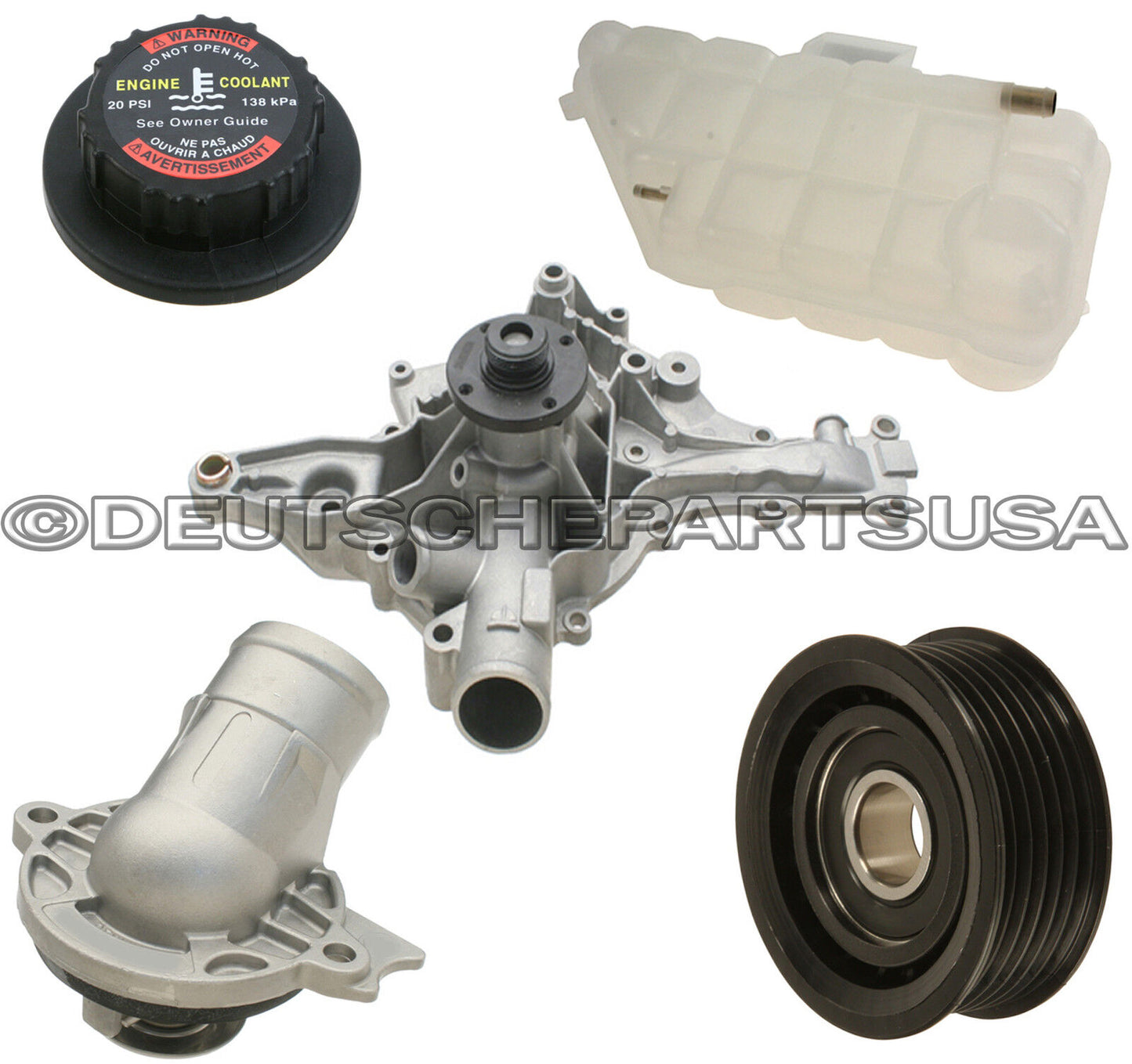 MERCEDES W163 ML320 ML350 EXPANSION TANK CAP WATER PUMP PULLEY THERMOSTAT KIT