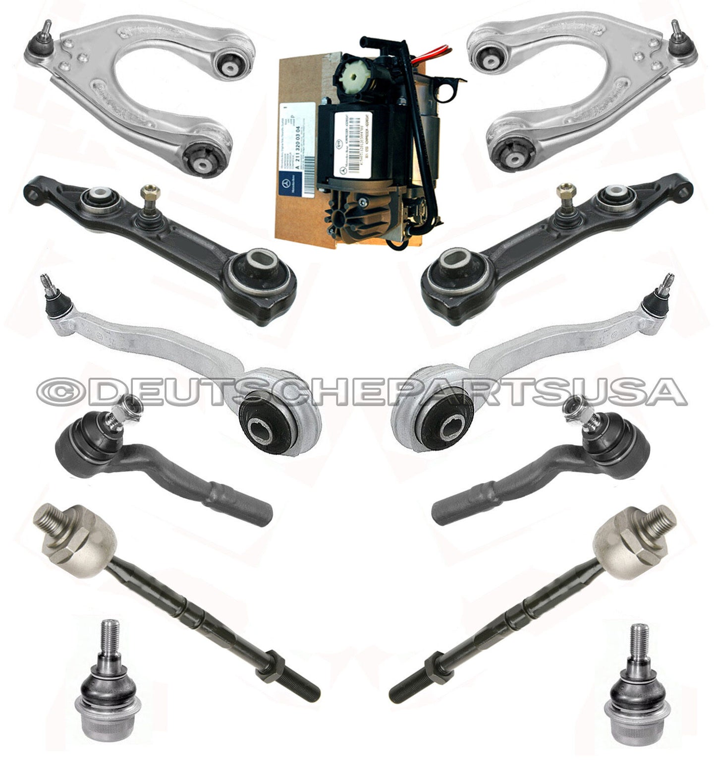 Mercedes W211 OEM SUSPENSION COMPRESSOR + Control Arm Ball Joint Tie Rod Kit